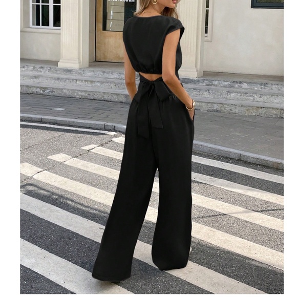 Solid Tie Back Scoop Neck Crop Top Wide Leg Pants Set - Picture 5 of 8